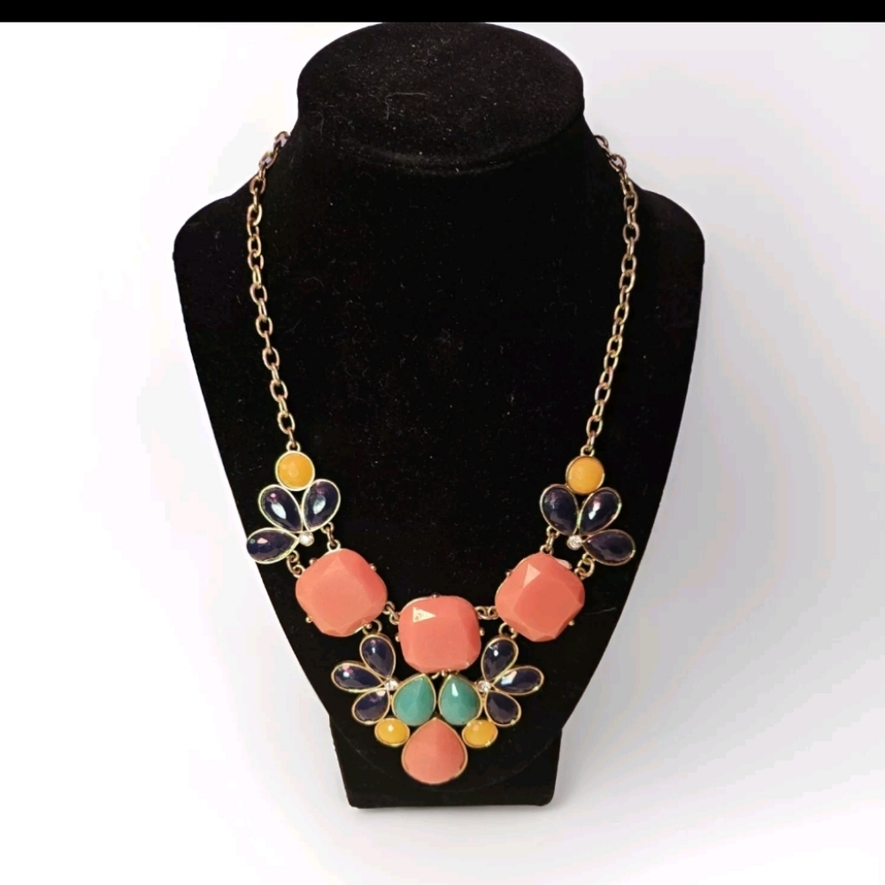 Women's Floral Fringe Coral, Aqua, Yellow, Blue multicolored 11.5" Necklace
